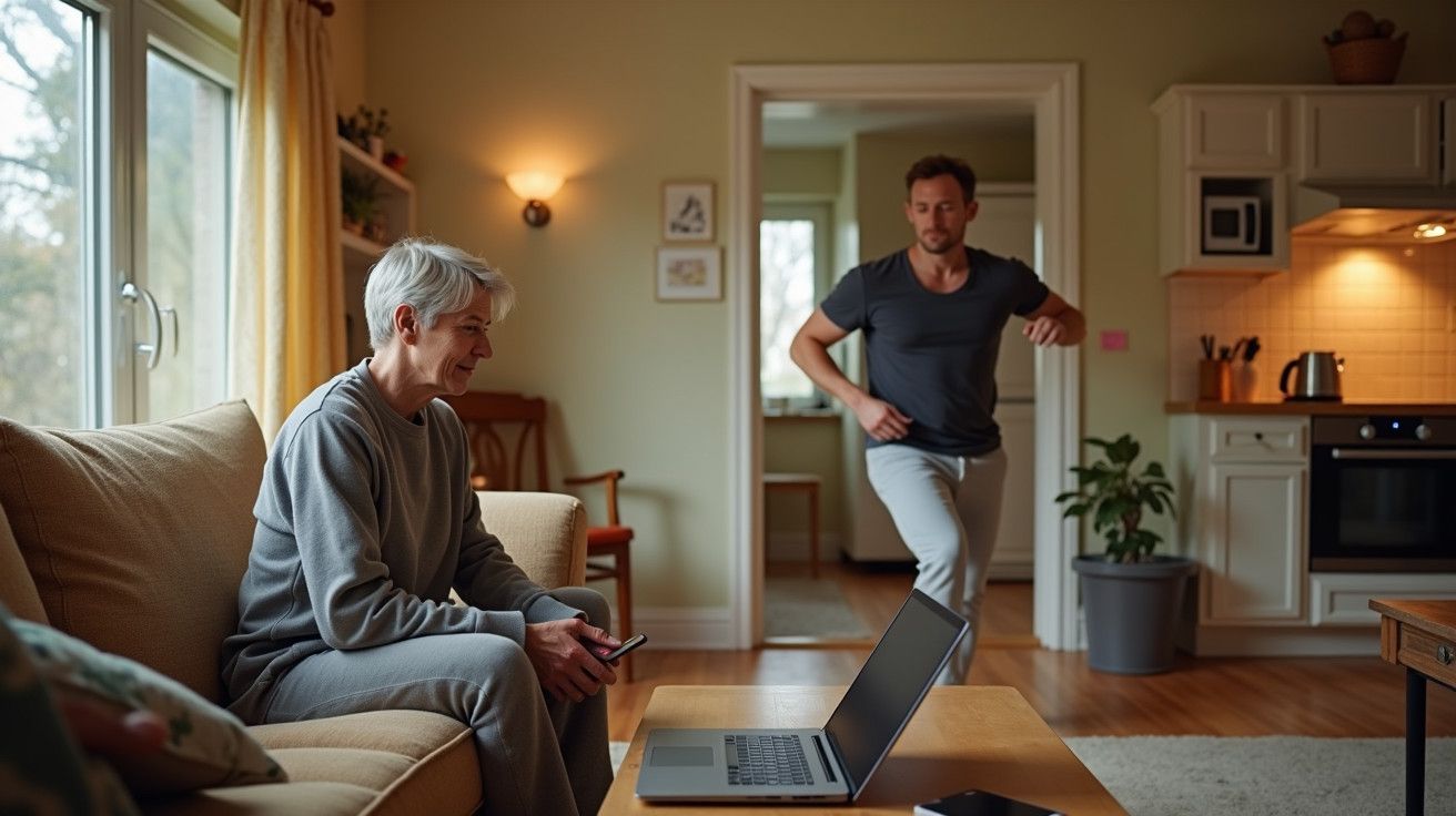 Mulher idosa no sofá com telemóvel, homem a caminhar na sala, laptop sobre a mesa, ambiente acolhedor.