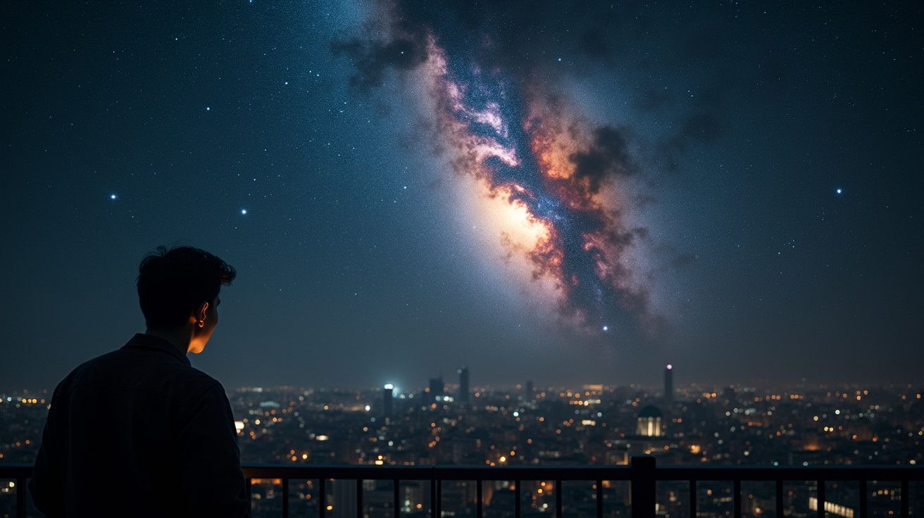 Homem observa uma galáxia brilhante no céu noturno, com uma cidade iluminada ao fundo.