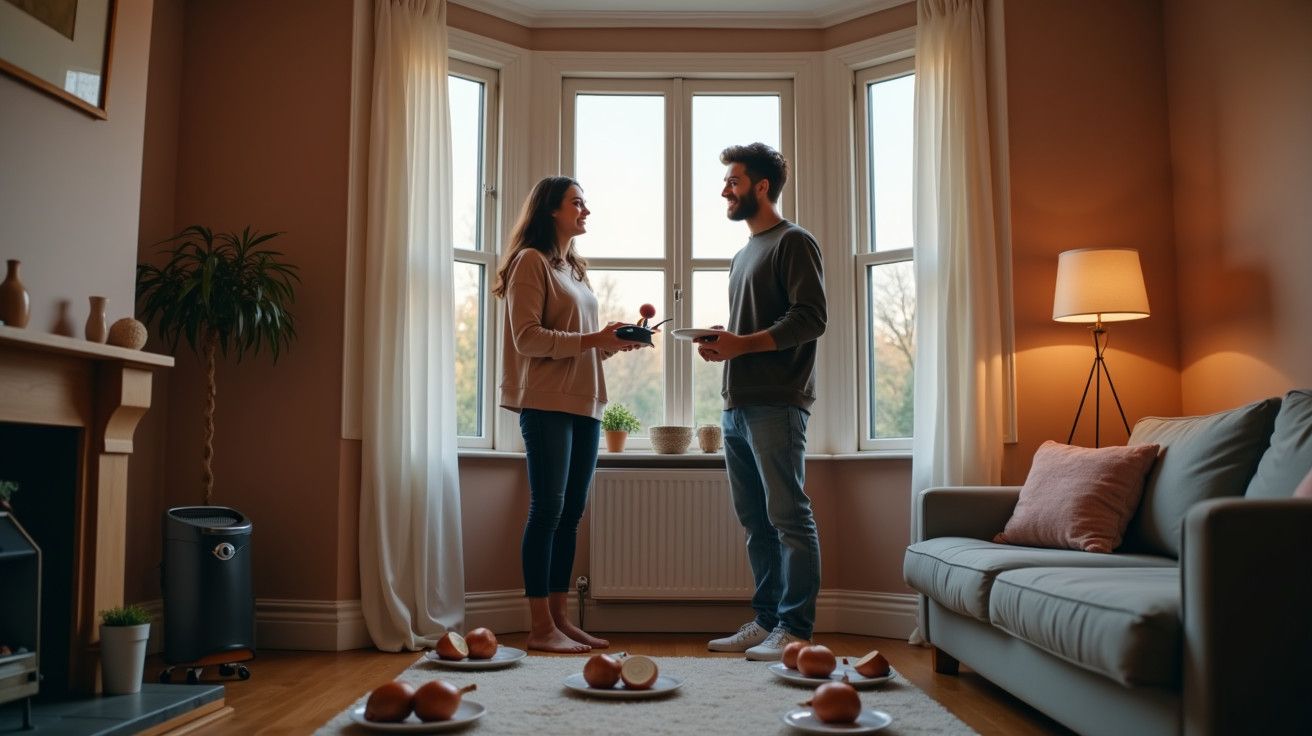 Um casal conversa na sala, rodeado de maçãs em diversas superfícies.