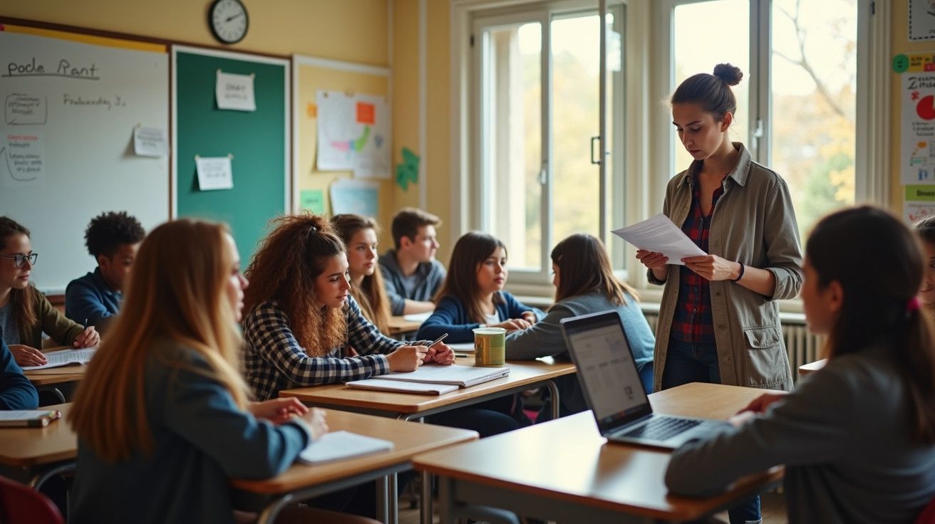 Sala de aula, alunos atentos enquanto professora lê em pé, luz natural entra por janela ao fundo.