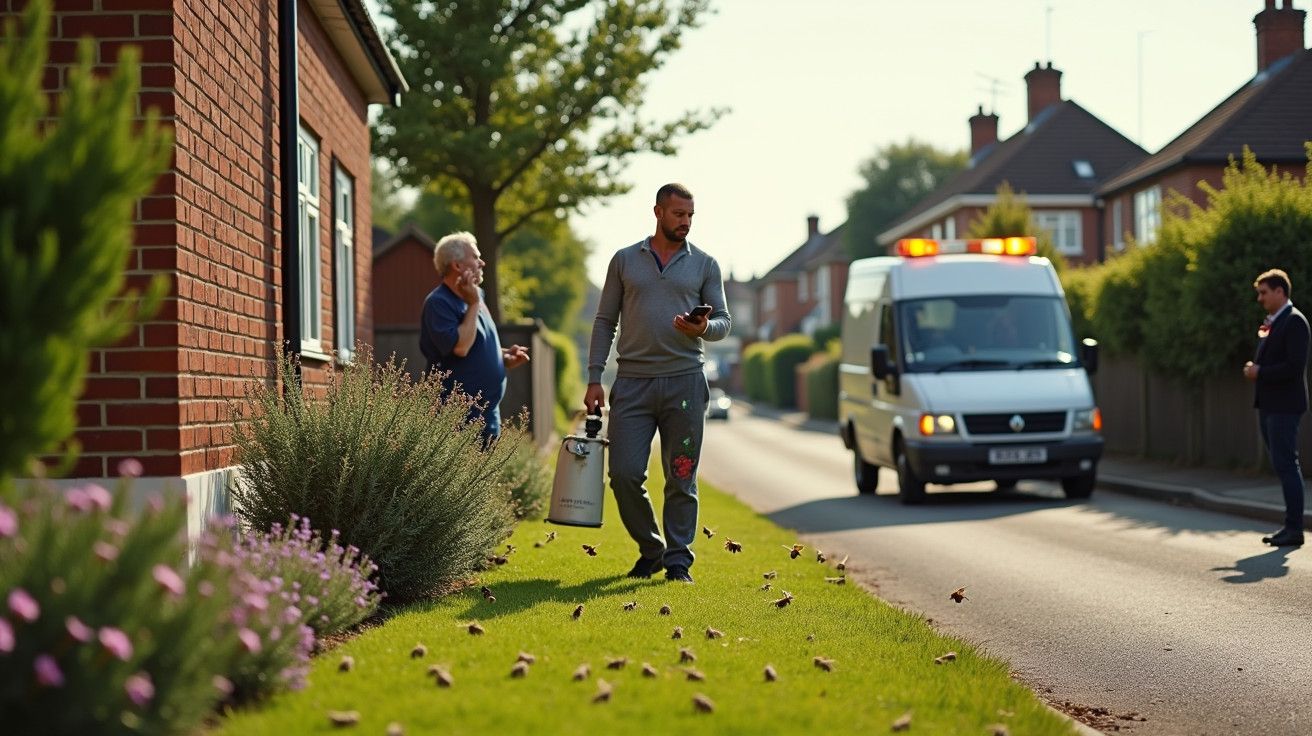Homem com lata e idosa conversam junto a uma casa, rua com carrinha branca ao fundo.