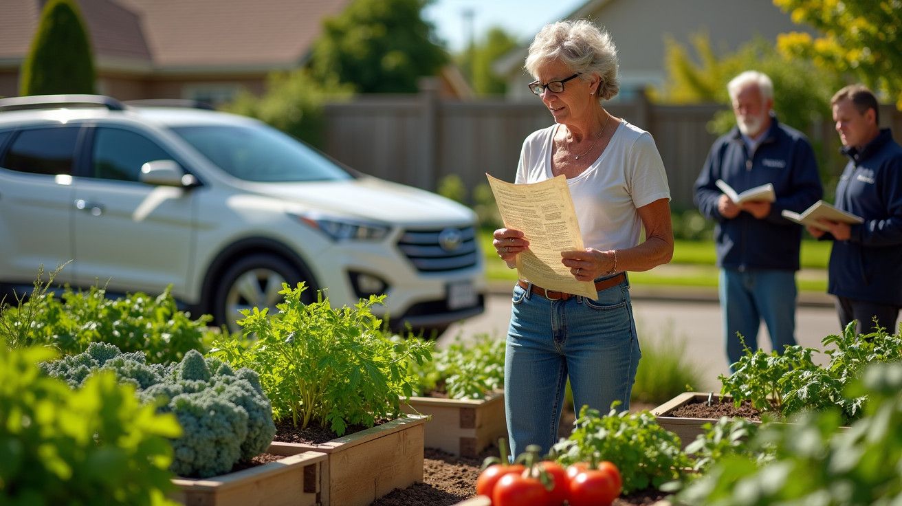 Mulher idosa examina papel numa horta comunitária, enquanto dois homens observam e um carro branco está estacionado ao fundo.
