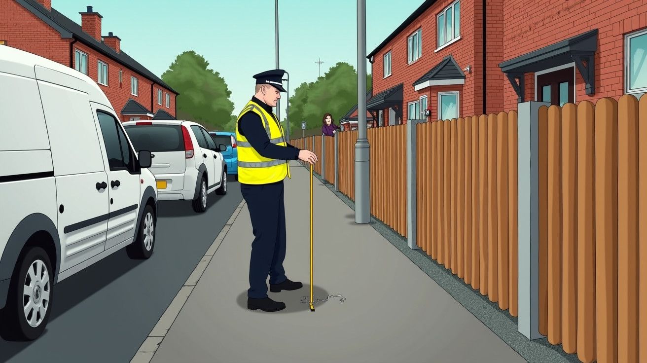 Polícia de trânsito mede uma fissura na calçada com uma vara de medição, ao lado de uma rua com carros estacionados.