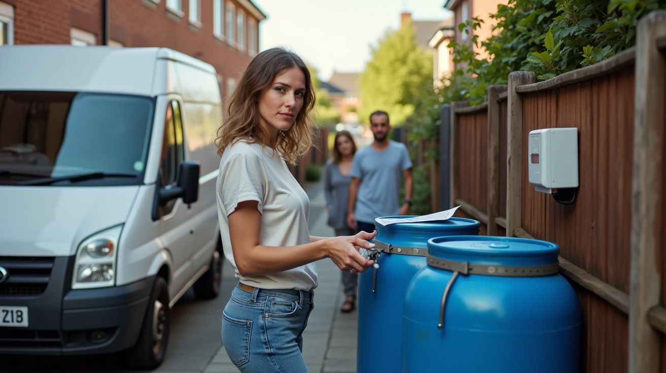 Mulher segurando um documento ao lado de contentores azuis, com uma carrinha branca e duas pessoas ao fundo numa rua residenc