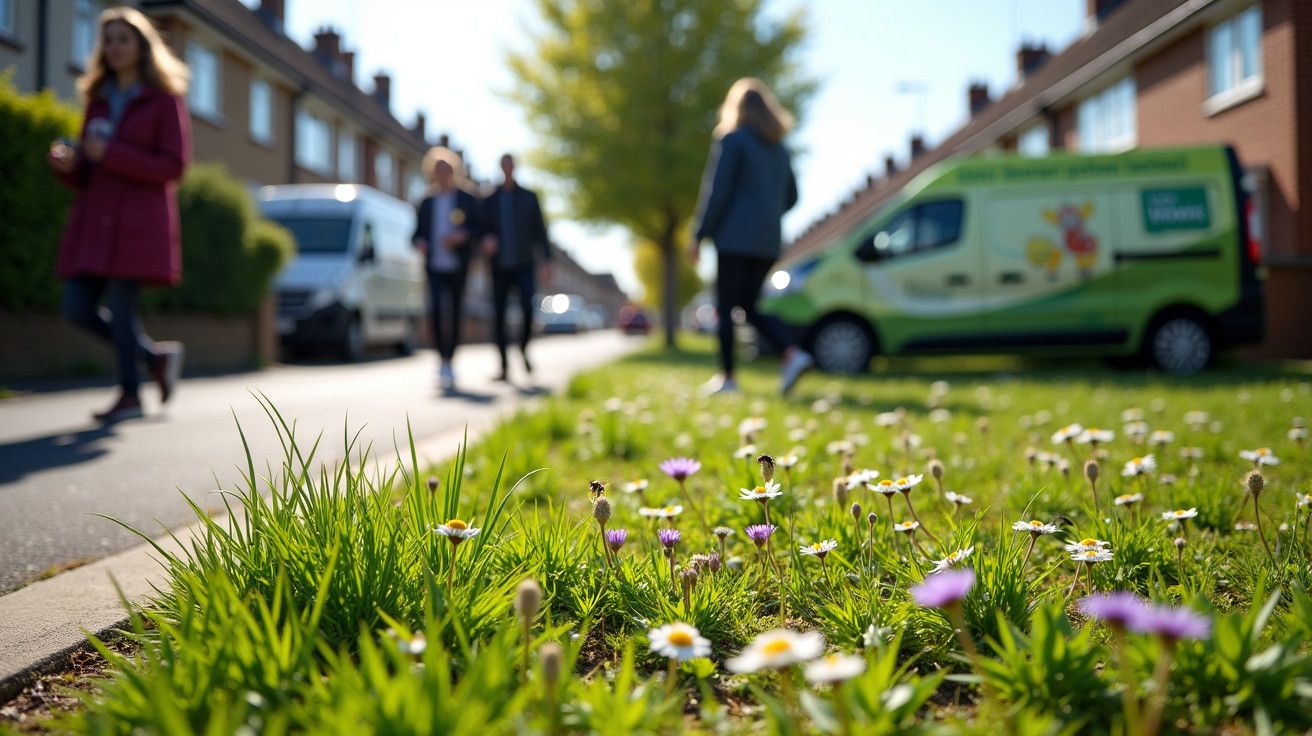 Flores silvestres em foco no passeio, pessoas a caminhar ao fundo numa rua urbana ensolarada com uma carrinha verde.