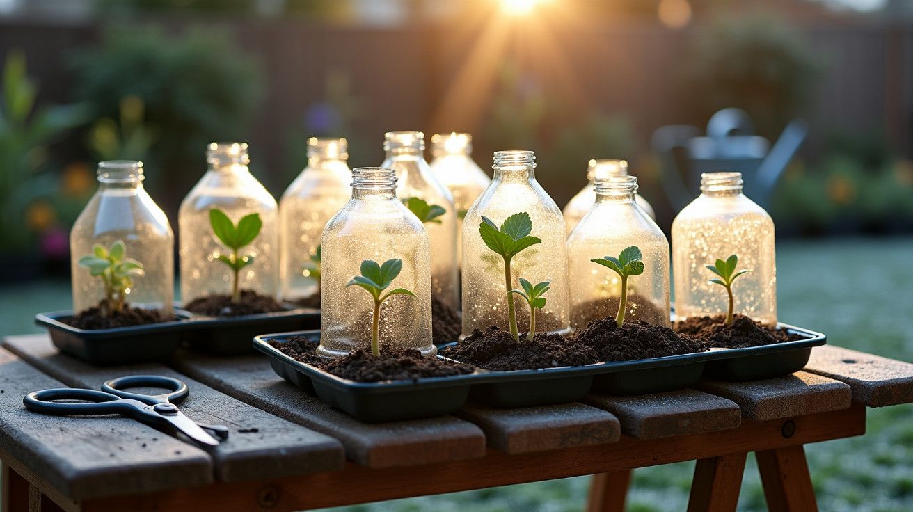 Plantas jovens em garrafas de plástico recicladas sob a luz do sol, num jardim com tesoura próxima.