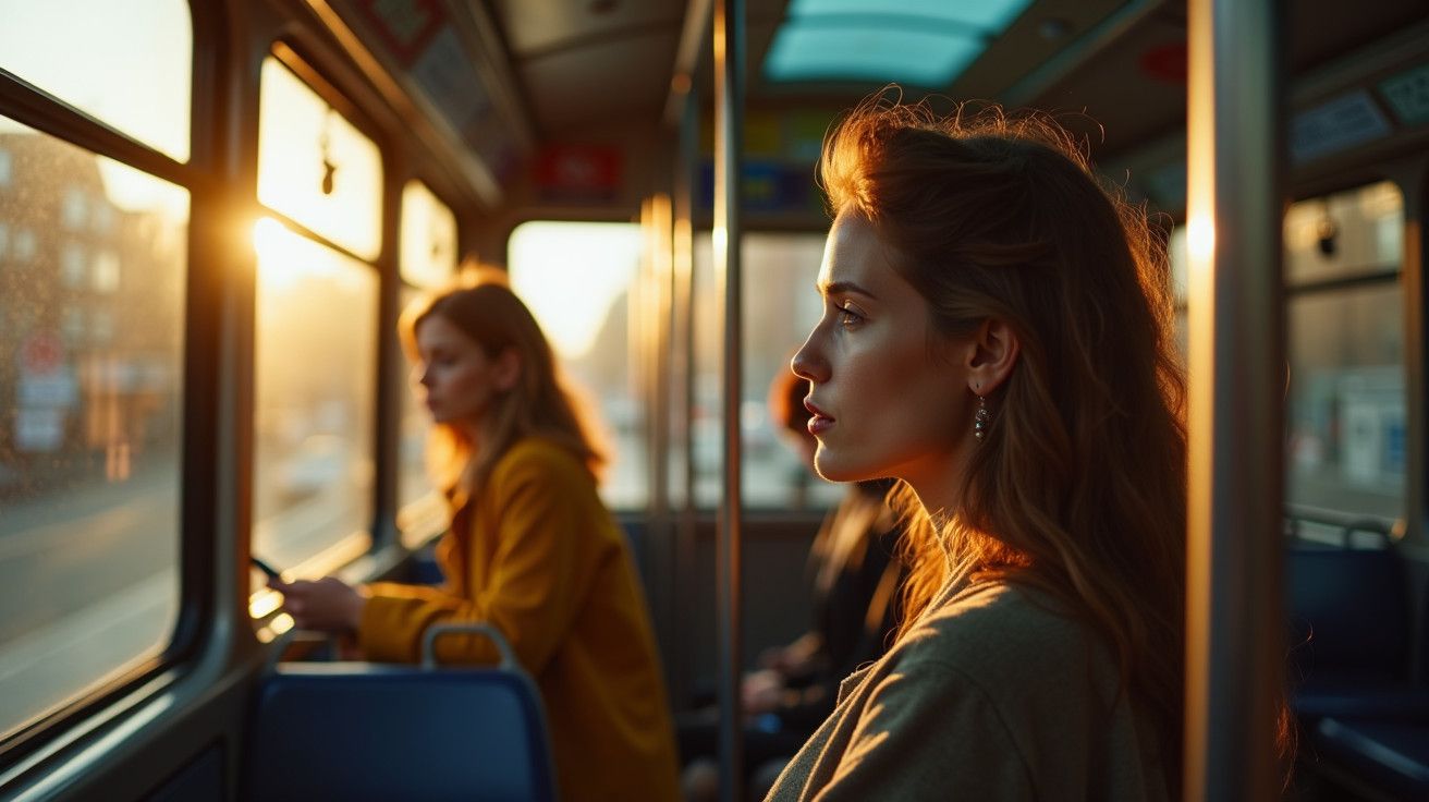 Mulher a olhar pela janela de um autocarro ao pôr do sol, com passageiros ao fundo.