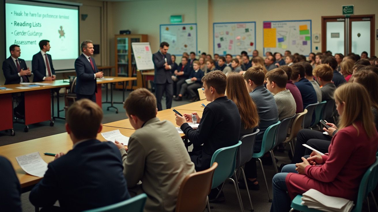 Auditório cheio de estudantes e professores em reunião, com apresentação projetada num ecrã à frente.