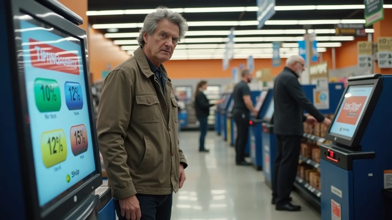 Homem numa loja de conveniência com caixas autosserviço iluminadas ao fundo, usando jaqueta bege, olha para a direita.