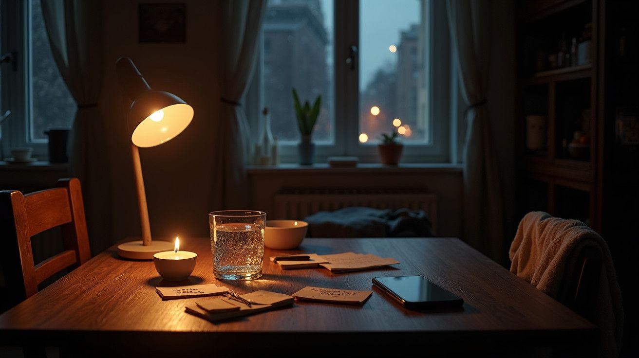Mesa com lâmpada acesa, vela, copo de água e papéis, ambiente escuro com janela ao fundo.
