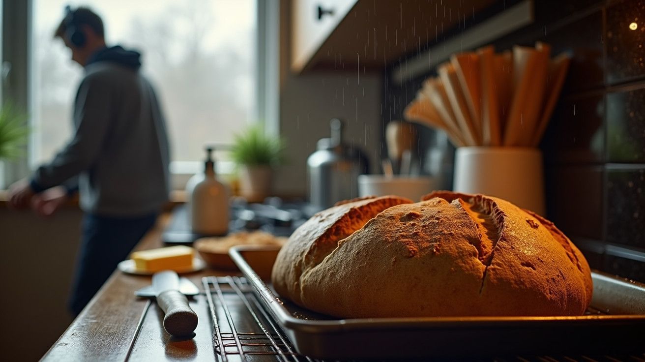 Pão acabado de sair do forno sobre a bancada da cozinha, com pessoa ao fundo, janela ao lado.