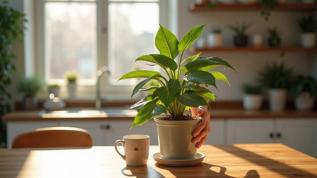 Planta verde em vaso sobre mesa de madeira ao lado de chávena, com mão feminina ajustando o vaso; cozinha ao fundo.