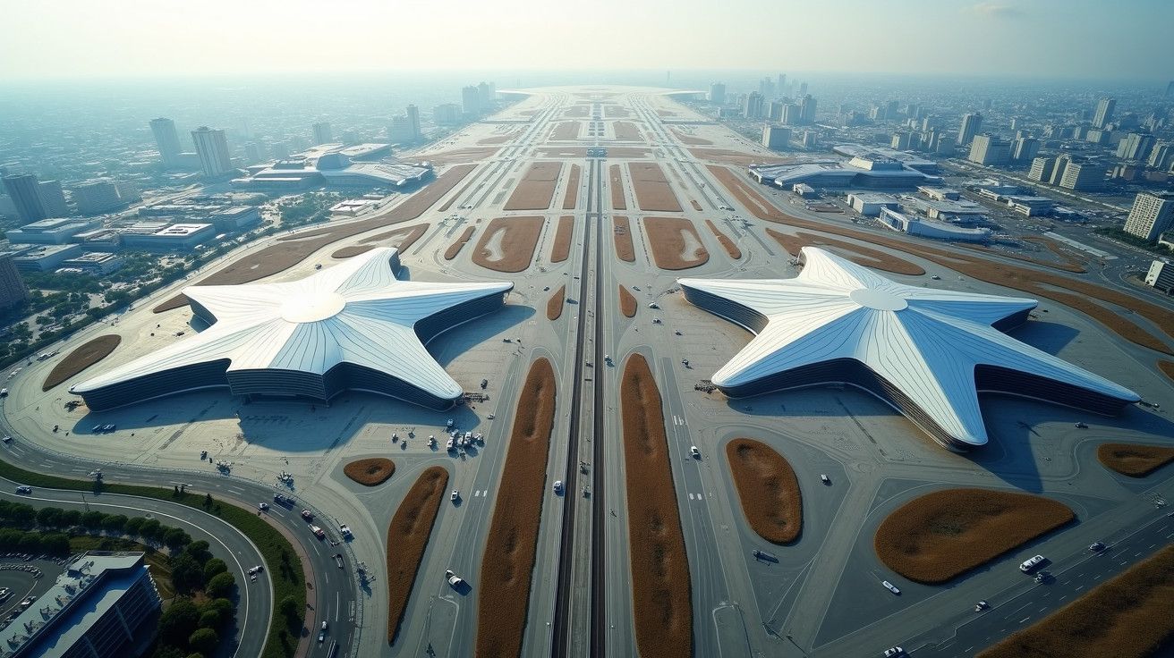Vista aérea de aeroporto futurista com dois terminais em forma de estrela e pista extensa na cidade.