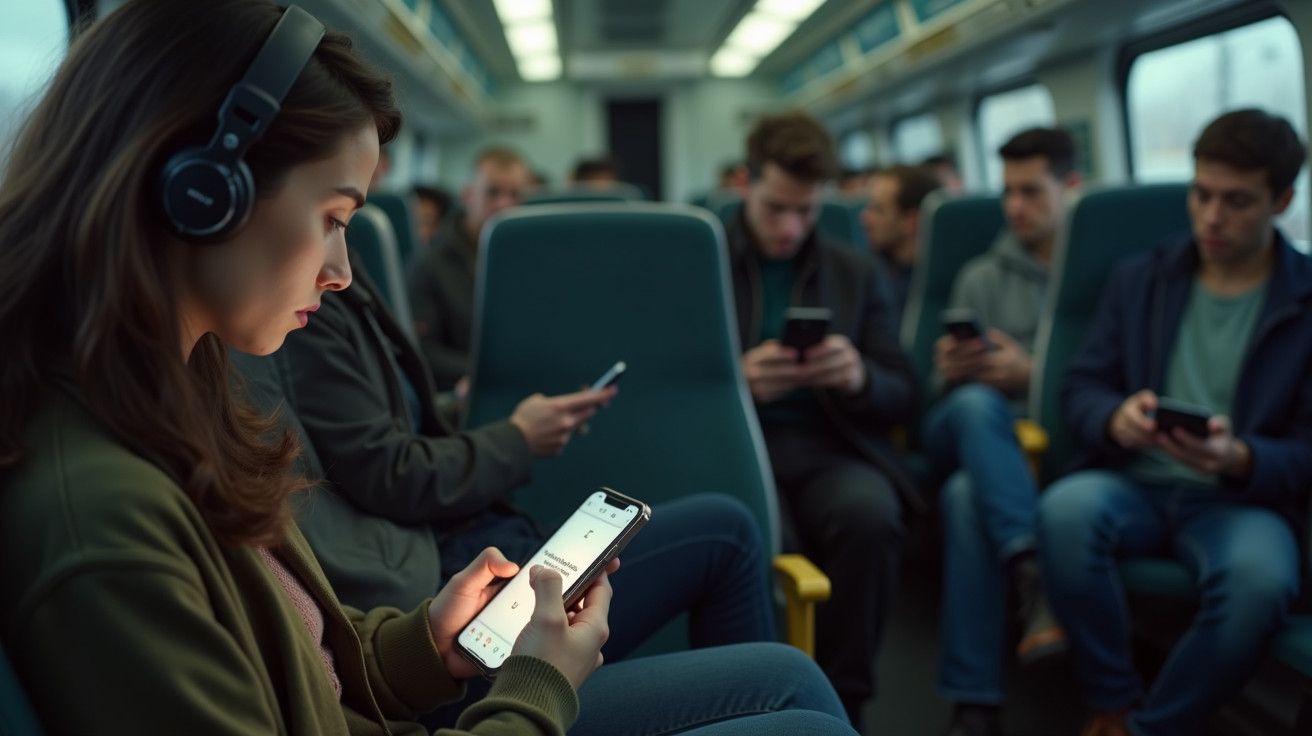 Mulher com auscultadores usa smartphone num comboio cheio de passageiros também ocupados com os seus telemóveis.