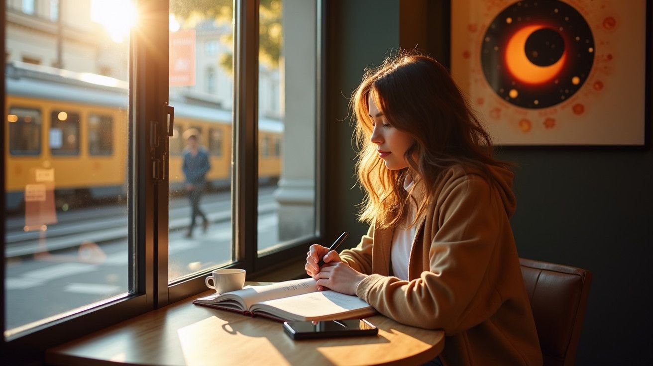 Mulher escrevendo em caderno numa cafetaria iluminada pelo sol, comboio amarelo passa lá fora.