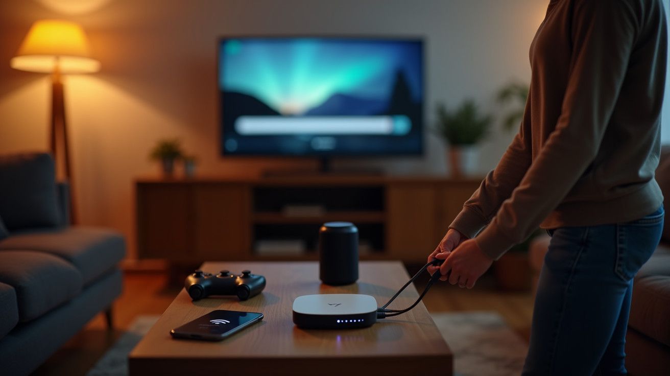 Pessoa liga cabo a dispositivo eletrónico numa sala iluminada, com televisão ao fundo e consolas na mesa.