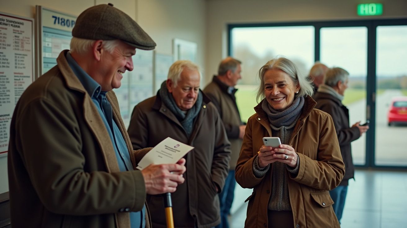 Grupo de pessoas idosas conversando e sorrindo num espaço interior, uma mulher segura um telemóvel.
