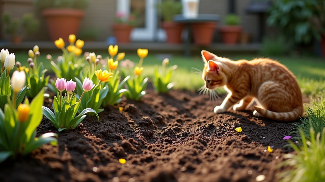 Gatinho laranja em jardim, observando flores de tulipas coloridas sob luz do sol.
