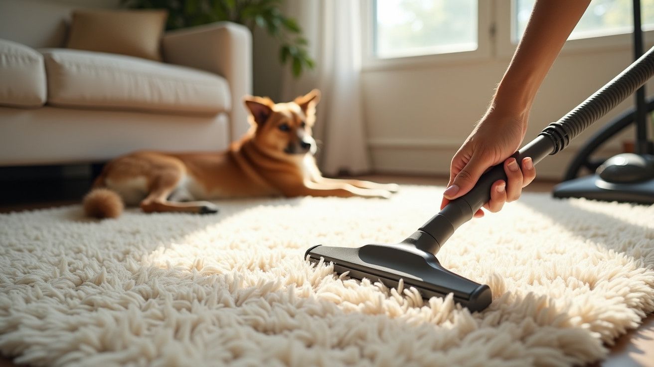 Mão a aspirar um tapete bege com um cão deitado ao fundo numa sala bem iluminada.