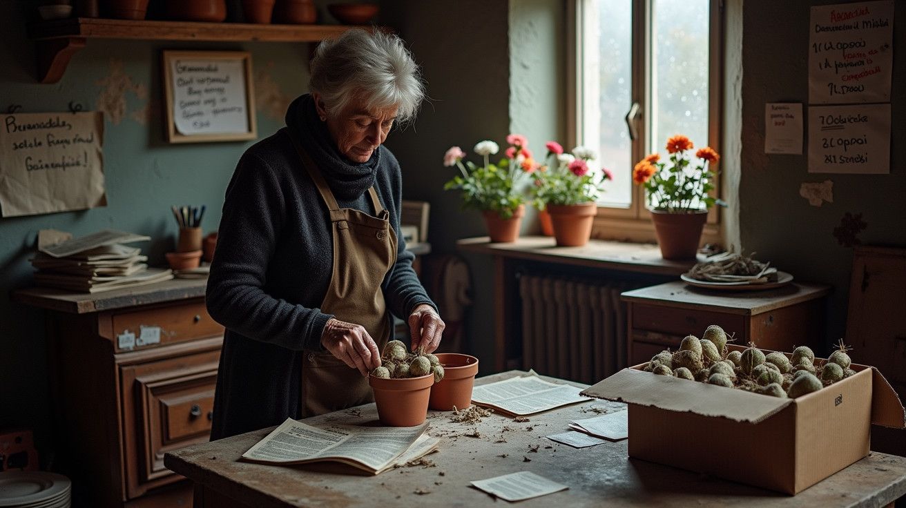 Mulher idosa a plantar bulbos em vasos numa mesa de madeira, com flores e luz natural ao fundo.