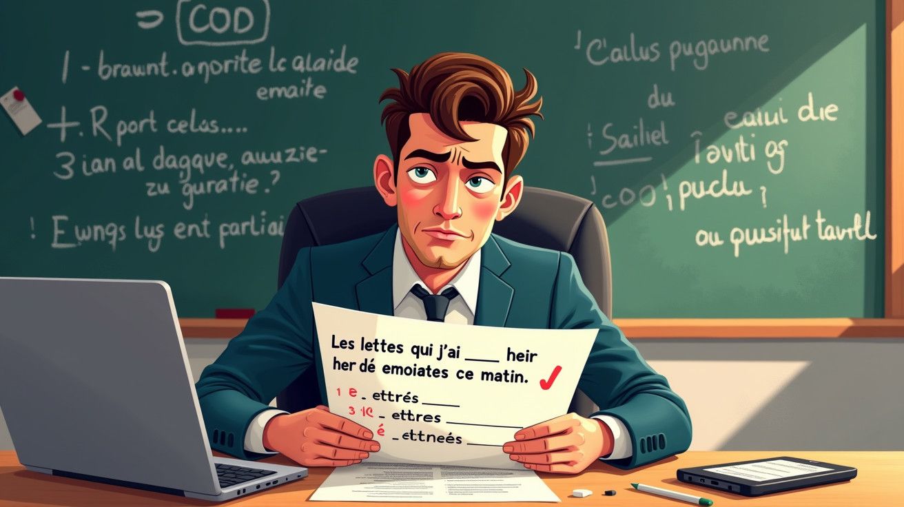 Homem frustrado sentado à secretária com um papel de exercício de francês, rodeado por um portátil e quadro-negro ao fundo.