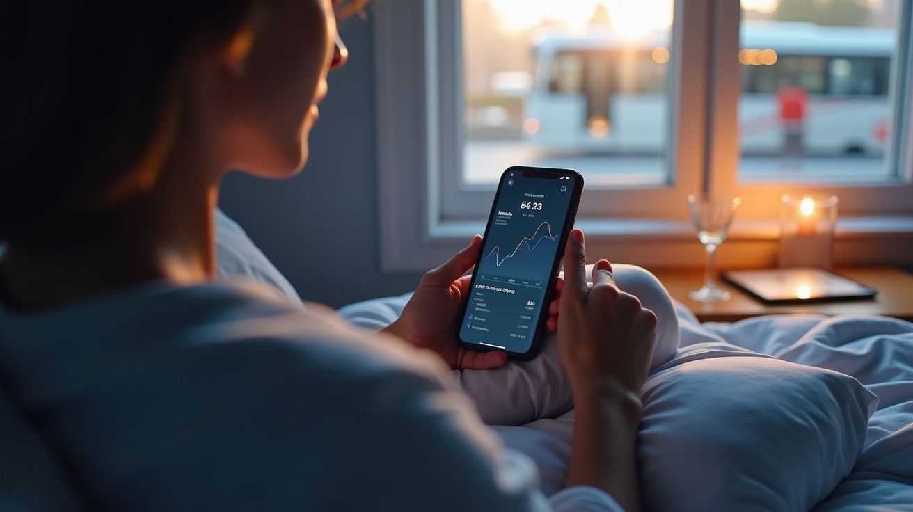 Pessoa na cama a ver gráficos no smartphone ao anoitecer, ao lado de uma janela com luz ambiente e velas acesas.