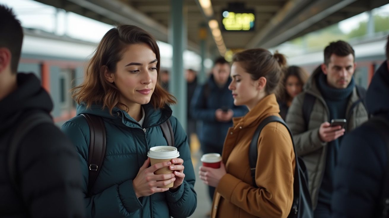 Mulher segura café numa plataforma de comboio movimentada, rodeada de outras pessoas.