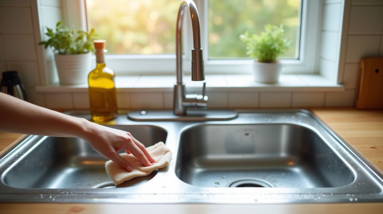 Mão a limpar um lava-loiça com pano, garrafa de azeite ao fundo e plantas na janela.