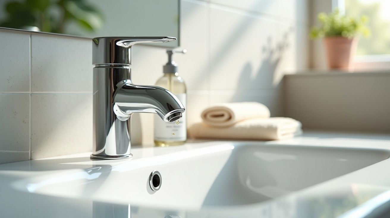 Torneira moderna e cromada num lavatório branco, com toalhas e saboneteira ao fundo, plantas pela janela.