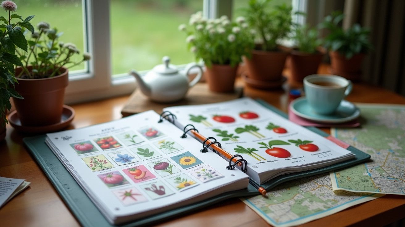 Mesa com catálogo de plantas, chávena de café, bule e plantas em vaso perto de uma janela.