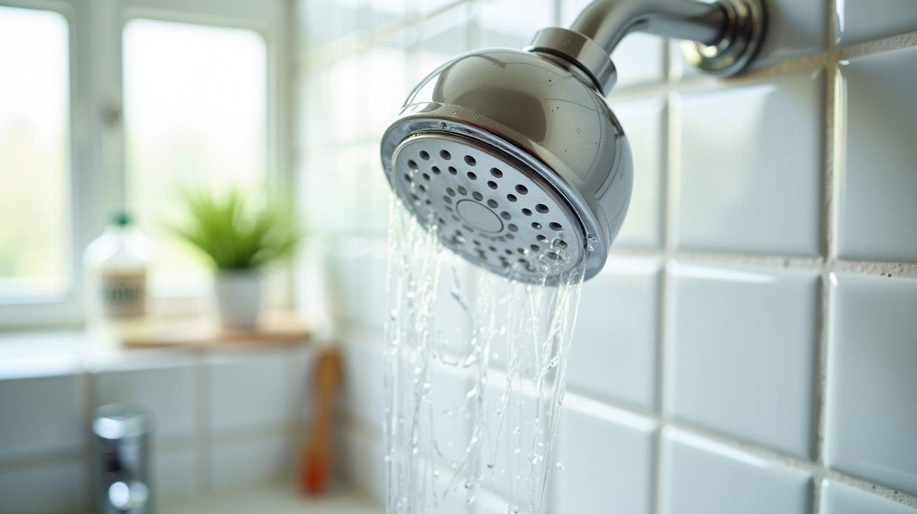 Chuveiro prateado com água corrente, num fundo de azulejos brancos e uma janela ao fundo.