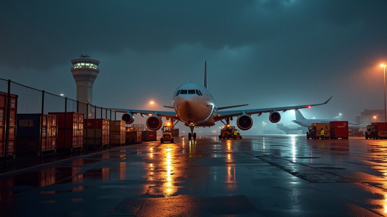 Avião no aeroporto à noite, com pista molhada e torre de controlo ao fundo iluminada.