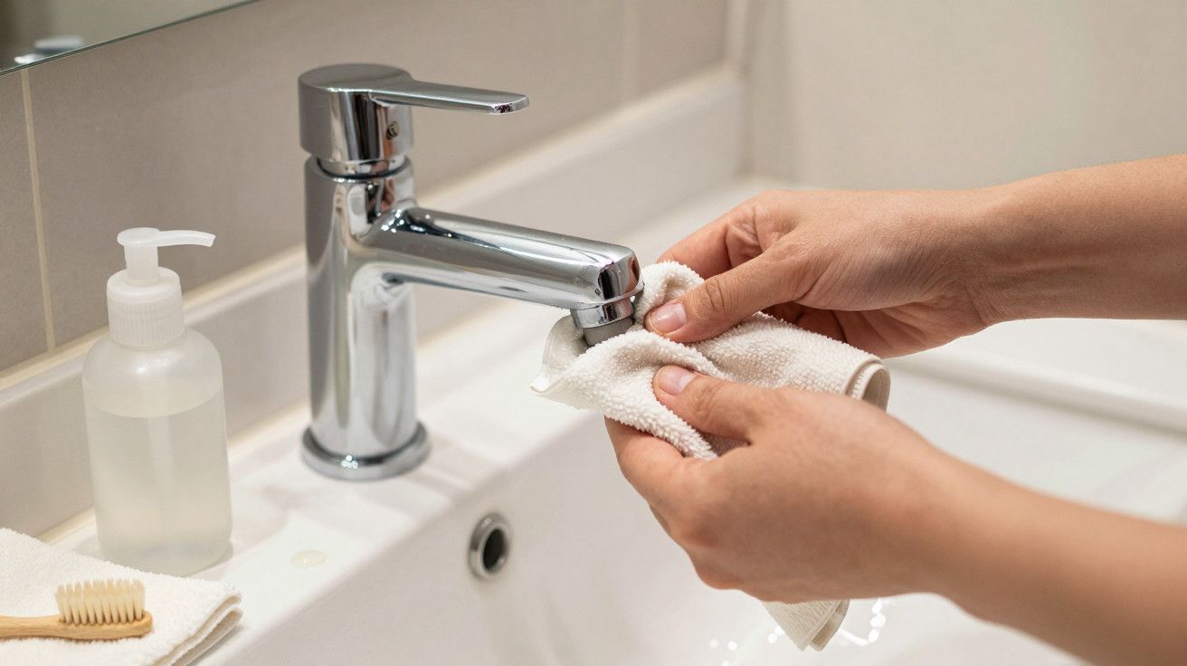Mãos a limpar uma torneira prateada com um pano, sobre um lavatório branco com produtos de higiene ao fundo.