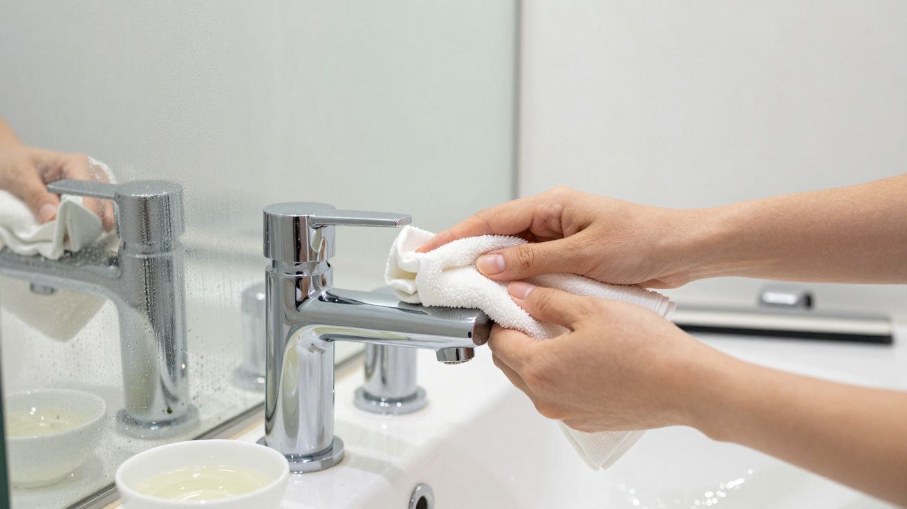 Mãos a limpar uma torneira cromada numa casa de banho com um pano branco, ao lado de uma tigela com líquido.