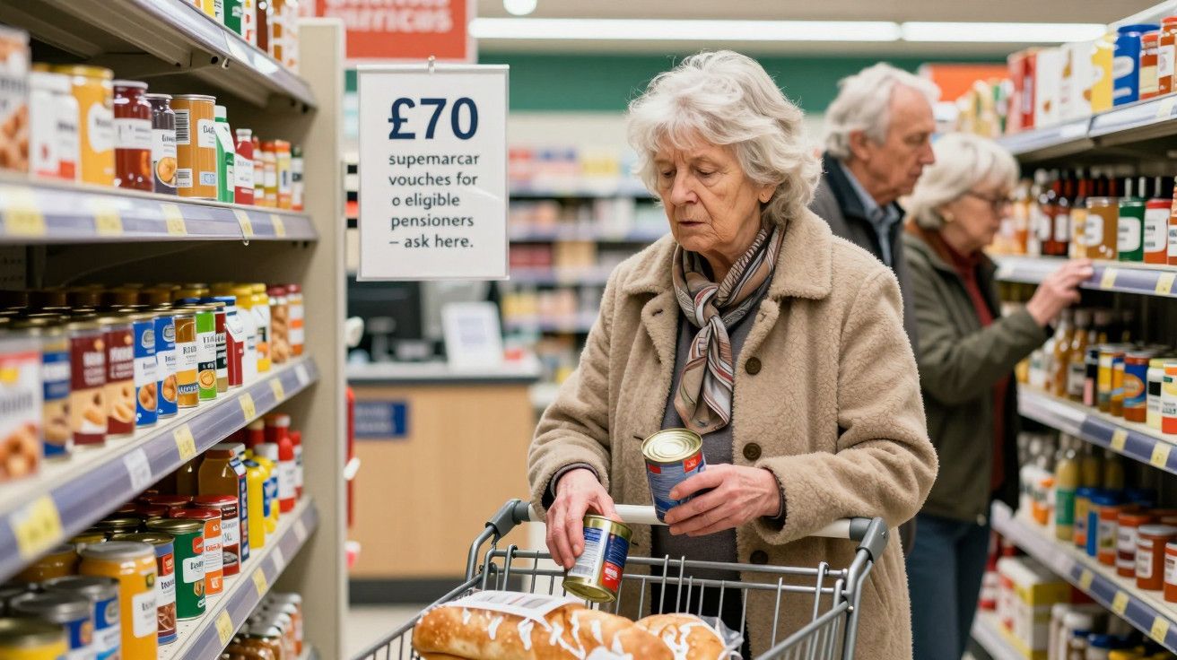 Idosos em corredor de supermercado, mulher à frente empurrando carrinho com pão, prateleiras com produtos ao fundo.